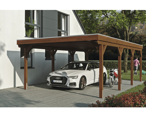 Carport simple SKAN Holz Grunewald avec film EPDM 427 x 796 cm noyer