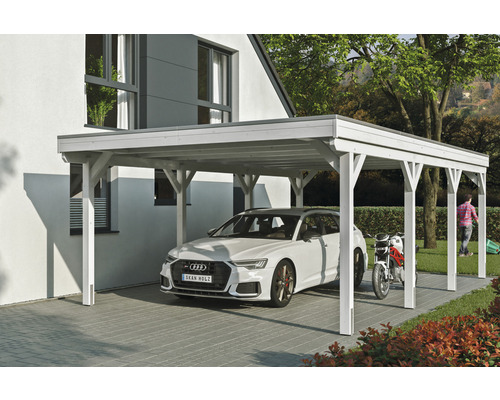Carport simple SKAN Holz Grunewald 427 x 796 cm blanc Abri de voiture en bois couvert avec voiture et moto