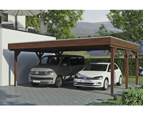 Doppelcarport SKAN Holz Grunewald 622 x 554 cm Nussbaum