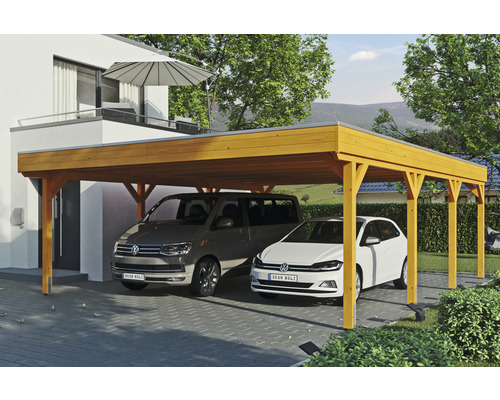 Carport double SKAN Holz Grunewald avec film EPDM 622 x 796 cm chêne clair