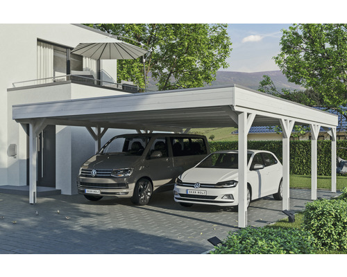 Carport double SKAN Holz Grunewald 622 x 796 cm blanc Abri de voiture en bois avec deux voitures garées