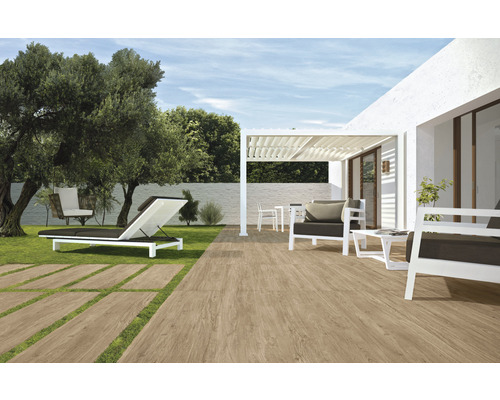 Dalle de terrasse FLAIRSTONE en grès cérame fin Legno Vita Rovero Biondo bords rectifiés 120 x 40 x 2 cm