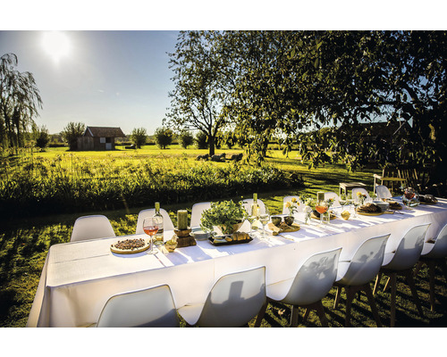 Longue table dressée avec des chaises dans un jardin, entourée d''arbres et d''une prairie.