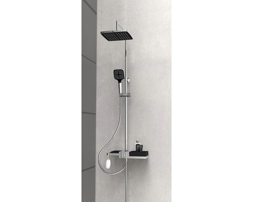 Colonne de douche avec douche de tête et douchette à main, avec étagère