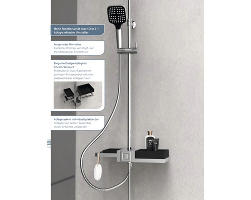 Duschsystem mit Kopfbrause, Handbrause und Ablageflächen für Duschutensilien