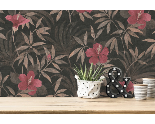 Papier peint avec fleurs d''hibiscus et feuilles