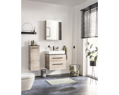 Salle de bain moderne avec meuble-lavabo, armoire de toilette, armoire haute et toilettes.