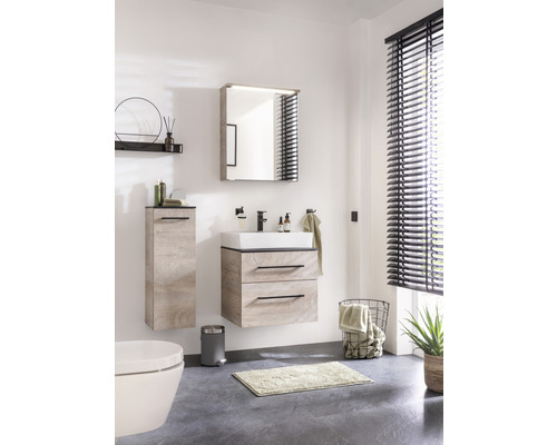 Salle de bains moderne avec meuble-lavabo, armoire de toilette et WC