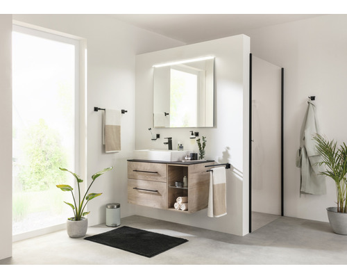 Salle de bains lumineuse avec meuble-lavabo, miroir avec éclairage, porte-serviettes, douche et plantes d''intérieur