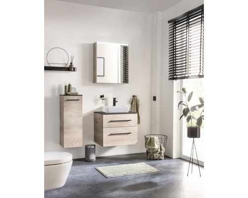 Salle de bains avec meuble-lavabo, armoire de toilette, WC et décorations dans un design clair et convivial