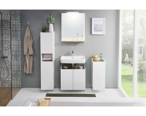 Salle de bain avec lavabo, miroir, armoires et douche pour une ambiance claire et organisée.