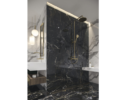 Salle de bains avec murs en marbre, douche et lavabo