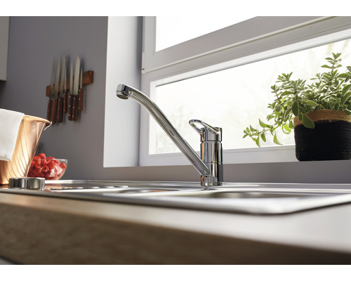 Küchenszene mit Spültischarmatur, Spülbecken und Dekoration