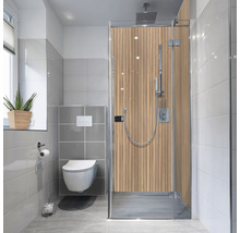 Salle de bains avec douche, toilettes et fenêtre