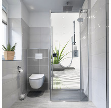 Salle de bain lumineuse avec toilettes et douche en verre