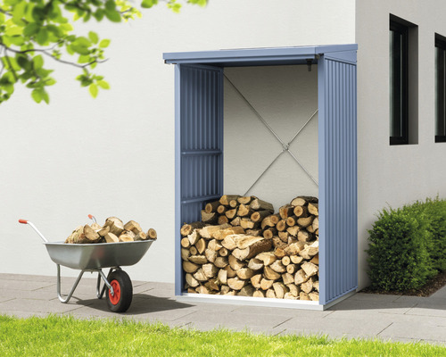 Aussenaufnahme eines Holzschuppens mit Holz und einer Schubkarre mit Holz