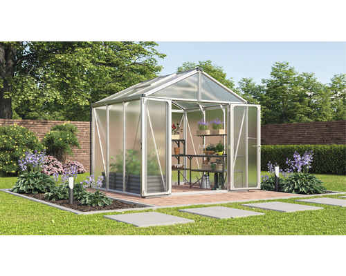 Serre Vitavia Zeus Comfort 6200 panneaux alvéolés 16 mm 258 x 242 cm argent Serre avec étagères dans le jardin