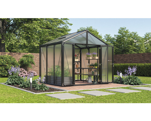 Gewächshaus Vitavia Zeus Comfort 6200 Hohlkammerplatten 16 mm 258 x 242 cm schwarz Gewächshaus mit Regalen und Pflanzen im Garten