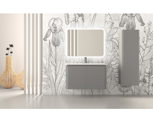 Modernes Badezimmer mit Waschbeckenunterschrank, Spiegelschrank und floralem Wanddekor