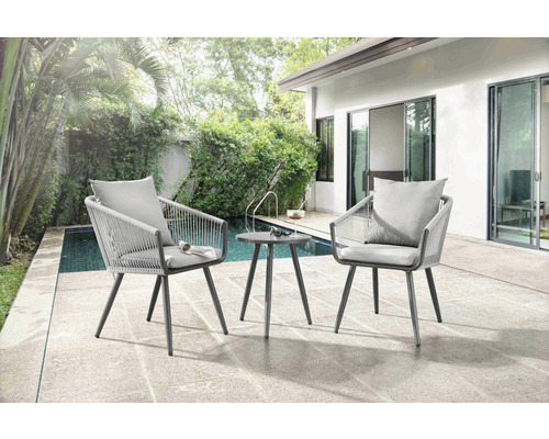 Salon de jardin pour balcon Destiny Rom 2 places comprenant 2 chaises,avec coussins,table aluminium textile gris