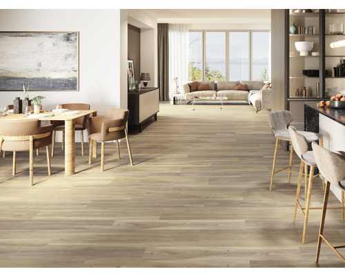 Espace de vie lumineux et ouvert avec plancher en bois, table à manger et chaises