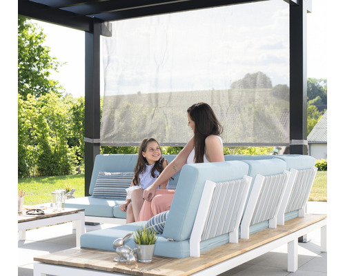 Scène de jardin avec une mère et sa fille assises sur un ensemble de salon sous une pergola avec protection solaire