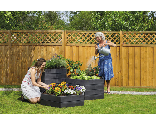 Jardin avec des parterres surélevés, plantés de fleurs et de légumes, deux femmes