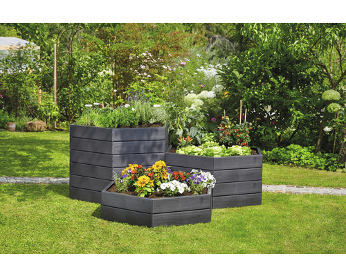 Trois bacs surélevés en bois plantés dans le jardin