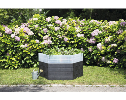 Jardinière surélevée en bois avec plantes et arrosoir dans le jardin