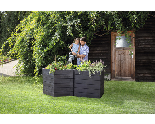 Un homme et un enfant arrosent des plantes dans un potager surélevé dans le jardin.