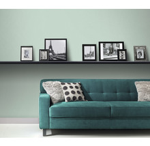 Wohnzimmer mit Regal, Bildern und grünem Sofa