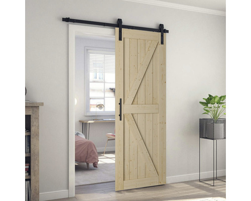 Kit complet de porte coulissante Barn Door Basic noir 95x215 cm construction modulaire pour 3 motifs (Mid-Bar/British/Wales) avec ferrure pour porte coulissante et ensemble de poignées