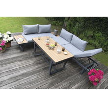 Ensemble de meubles de jardin avec table, banc et coussins sur une terrasse