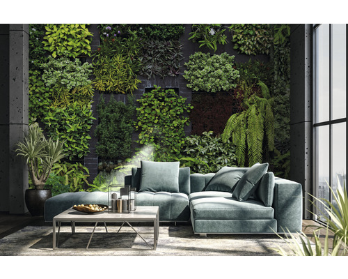 Salon avec mur végétalisé, canapé et table basse pour une ambiance naturelle