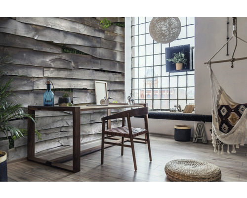 Bureau lumineux avec bureau, chaise et décoration murale décorative aspect bois