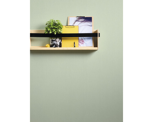 Wandregal mit Pflanze, gelbem Notizblock und Foto an einer grünen Wand