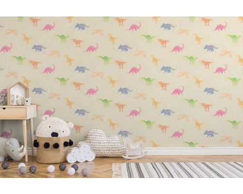 Kinderzimmer mit Tapete mit Dinosaurier Muster.