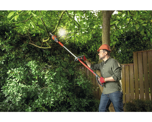 Un homme taille un arbre avec un taille-haie télescopique dans le jardin.