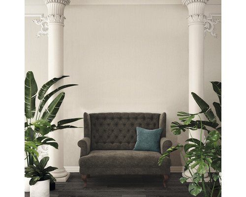 Dekoratives Wohnzimmer mit Sofa, Zierpflanzen und Säulen