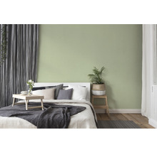 Chambre à coucher avec lit, table de chevet et mur peint en vert discret