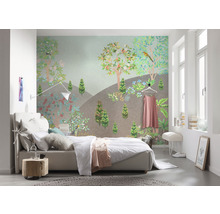Chambre à coucher avec lit et papier peint photo motif jardin