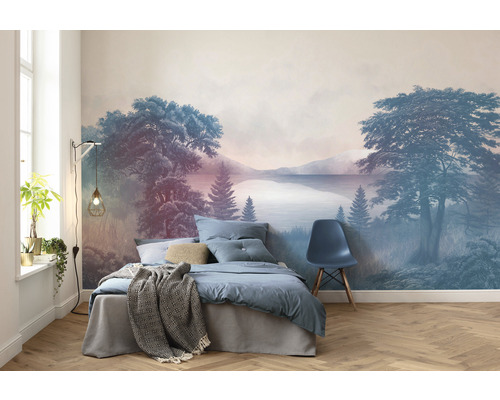Chambre à coucher avec papier peint photo motif forêt et lac