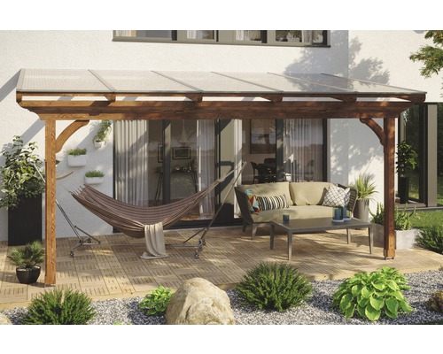 Toiture pour terrasses Skanholz Ravenna 541 x 250 cm, noyer Terrasse couverte avec structure en bois, hamac et coin salon dans le jardin
