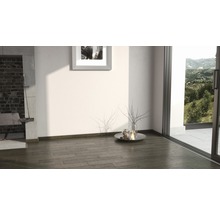 Intérieur avec carrelage imitation bois, cheminée, décoration et vue sur la verdure