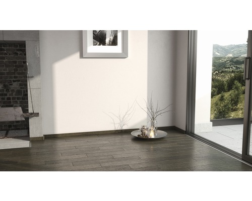 Intérieur avec carrelage imitation bois, cheminée, décoration et vue sur la verdure