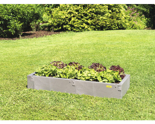 Hochbeet aus Kunststoff mit Salatpflanzen auf einer Rasenfläche