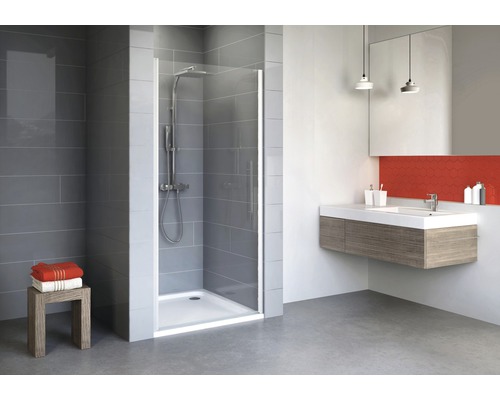 Porte de douche dans niche avec porte pivotante SCHULTE Alexa Style 2.0 ExpressPlus 90 cm couleur du profilé aluminium décor de vitre verre transparent avec verre antitache butée de porte à gauche butée de porte à droite poignée barre