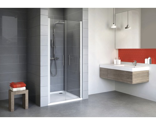 Porte de douche dans niche avec porte battante SCHULTE Alexa Style 2.0 ExpressPlus 90 cm couleur du profilé aluminium décor de vitre verre transparent avec verre antitache butée de porte à gauche butée de porte à droite poignée barre