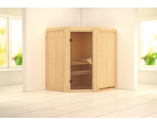 Sauna modulaire Karibu Maurin sans poêle et couronne avec porte vitrée coloris bronze