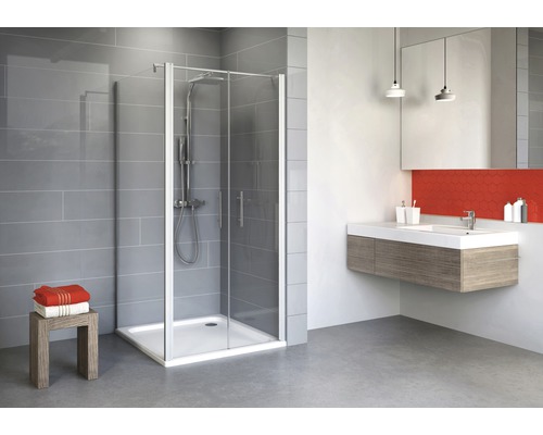 Porte de douche avec paroi latérale avec porte battante SCHULTE Alexa Style 2.0 ExpressPlus 80 x 80 cm couleur du profilé aluminium décor de vitre verre transparent avec verre antitache poignée barre